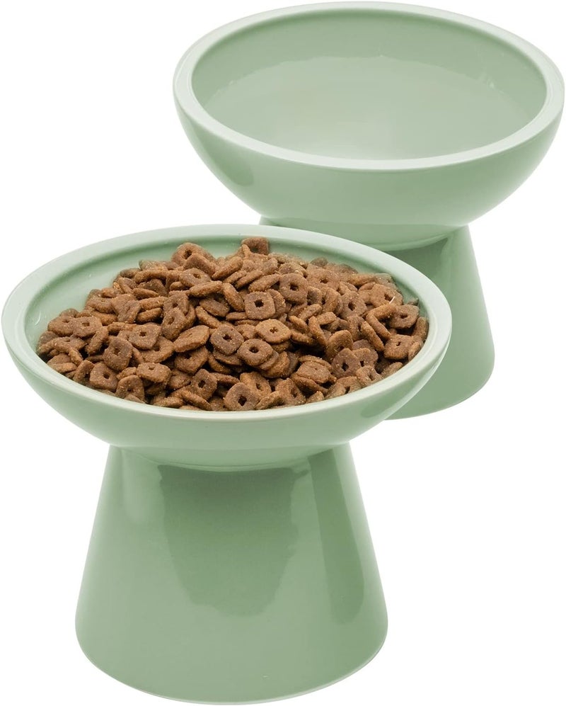 CEEFU 2 Elevated Ceramic Cat Bowls Extra Wide for Food & Water – Whisker Fatigue Shallow Food Dish, Lead & Cadmium-Free, Raised Height for Cats, Sage Green - Image 1